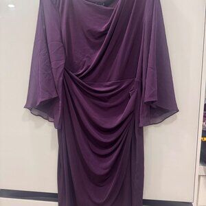 Connected Apparel Purple Draped Midi Dress With Sheer Flutter Sleeves Size 12